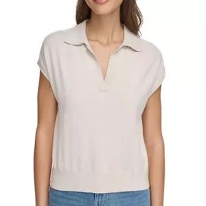 DKNY Cream Modern Fit Sleeveless Collared Sweater XS